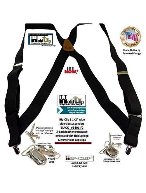 Holdup Black Trucker Style Hip-clip X-back Suspenders with patented no-slip silver-tone clips