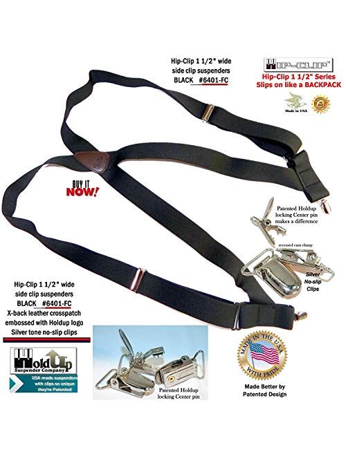 Holdup Black Trucker Style Hip-clip X-back Suspenders with patented no-slip silver-tone clips