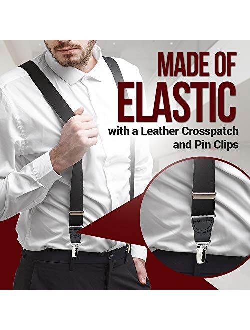 Mens Elastic No Slip Pin Clip X Back Suspenders With Leather Trim