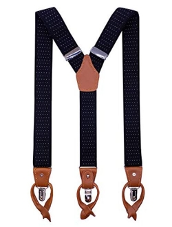 Men's 1.4 Inch Y-Back Leather 3 Clips&6 Buttons Elastic Straps Suspenders Braces