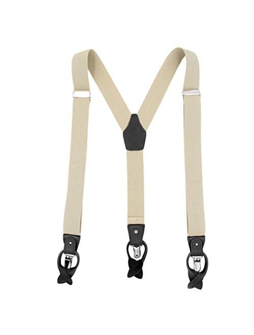 Men's 1.4 Inch Y-Back Leather 3 Clips&6 Buttons Elastic Straps Suspenders Braces