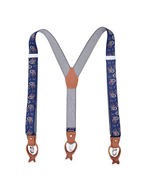 Men's 1.4 Inch Y-Back Leather 3 Clips&6 Buttons Elastic Straps Suspenders Braces