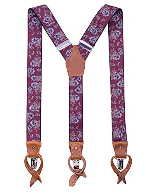 Men's 1.4 Inch Y-Back Leather 3 Clips&6 Buttons Elastic Straps Suspenders Braces