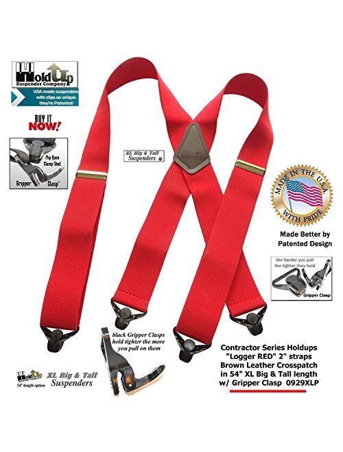 USA made Holdup Brand Extra Long XL Logger RED Suspenders with Patented Gripper Clasps