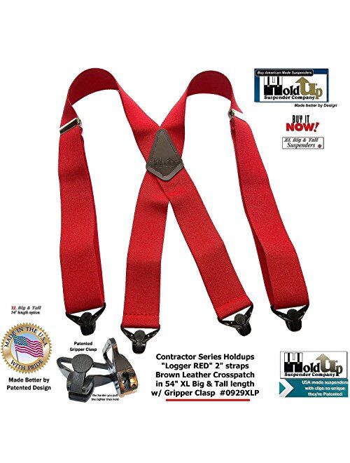 USA made Holdup Brand Extra Long XL Logger RED Suspenders with Patented Gripper Clasps