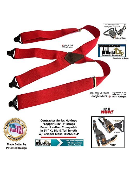 USA made Holdup Brand Extra Long XL Logger RED Suspenders with Patented Gripper Clasps