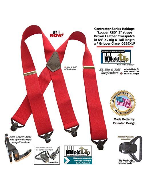 USA made Holdup Brand Extra Long XL Logger RED Suspenders with Patented Gripper Clasps