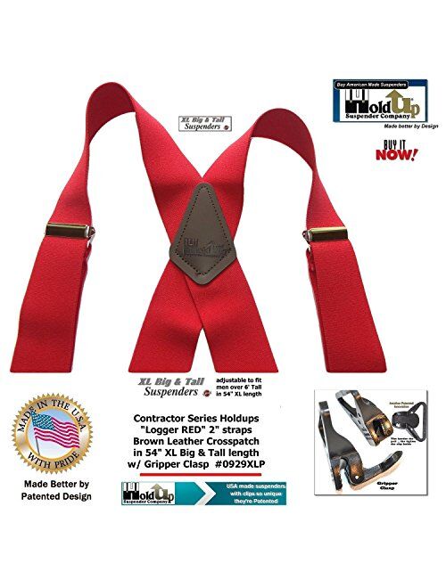 USA made Holdup Brand Extra Long XL Logger RED Suspenders with Patented Gripper Clasps