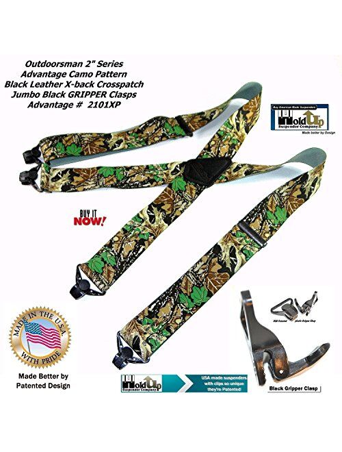 Holdup Suspender Company's Outdoorsman Series Advantage Pattern Camouflage Hunting Suspenders with black Patented Gripper Clasps