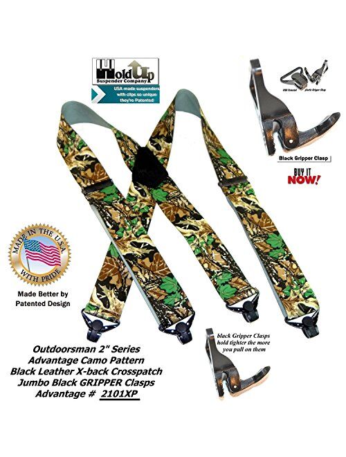 Holdup Suspender Company's Outdoorsman Series Advantage Pattern Camouflage Hunting Suspenders with black Patented Gripper Clasps
