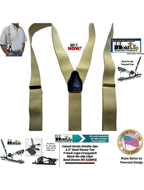 Holdup USA made Sand Dunes Light Tan Dual Clip Double-Ups Style Suspenders with Patented No-slip center pin Clips