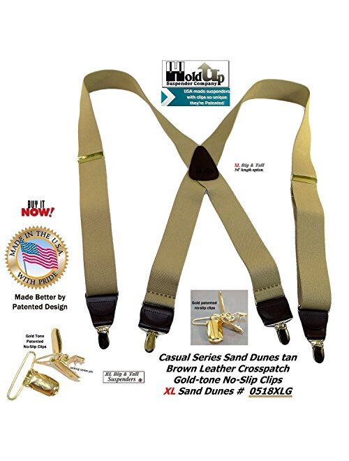 Hold Suspender Company's XL Sand Dunes light Tan Casual Suspenders in X-back and Patented Gold-tone no-slip Clips