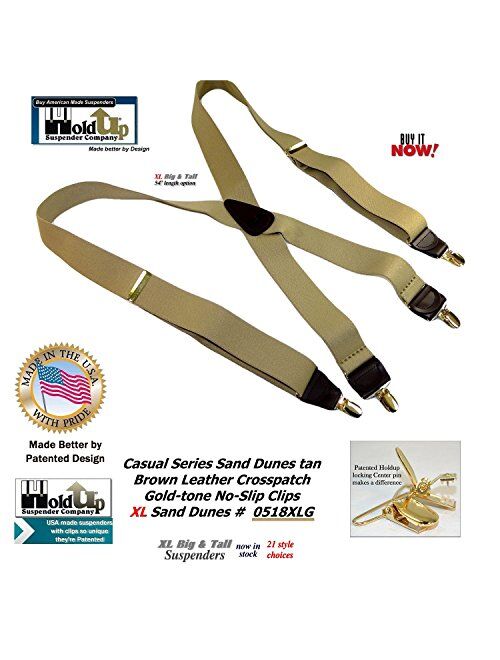 Hold Suspender Company's XL Sand Dunes light Tan Casual Suspenders in X-back and Patented Gold-tone no-slip Clips