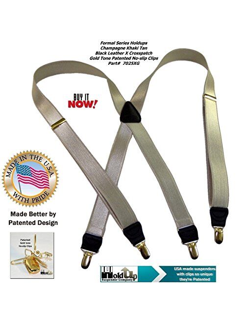 Holdup Suspender Brand Champagne GoldenTan narrow 1" Formal Series Suspenders with X-back crosspatch and patented Gold-tone no-slip Clips