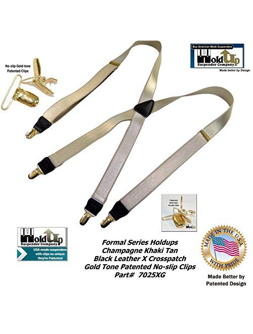 Holdup Suspender Brand Champagne GoldenTan narrow 1" Formal Series Suspenders with X-back crosspatch and patented Gold-tone no-slip Clips