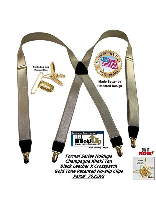 Holdup Suspender Brand Champagne GoldenTan narrow 1" Formal Series Suspenders with X-back crosspatch and patented Gold-tone no-slip Clips