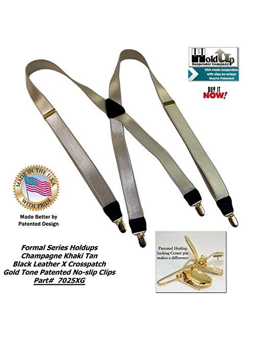 Holdup Suspender Brand Champagne GoldenTan narrow 1" Formal Series Suspenders with X-back crosspatch and patented Gold-tone no-slip Clips