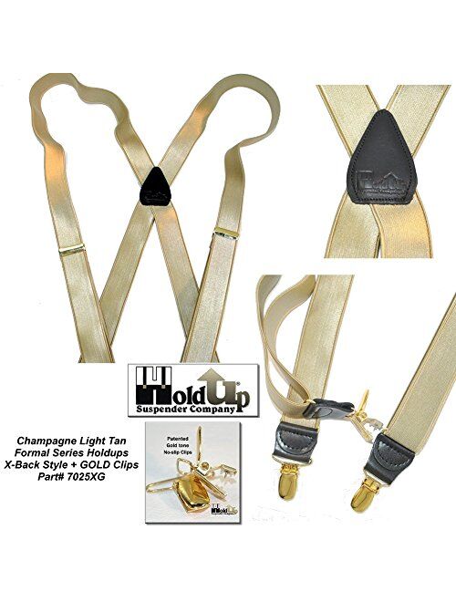 Holdup Suspender Brand Champagne GoldenTan narrow 1" Formal Series Suspenders with X-back crosspatch and patented Gold-tone no-slip Clips