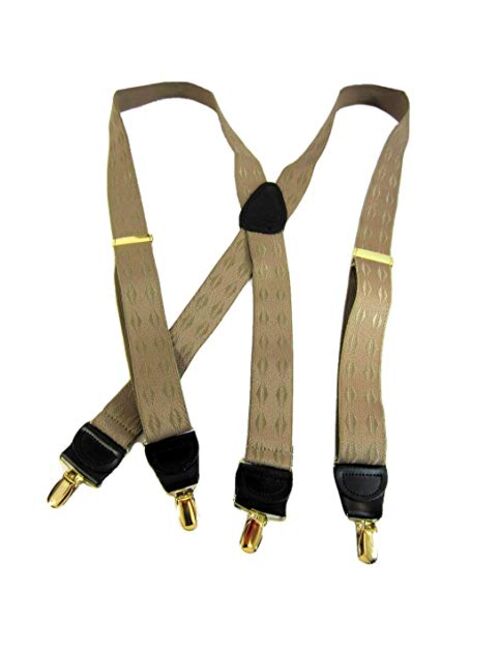 Holdup Brand Tan Jacquard weave Elddis diamond pattern X-back Suspenders with No-slip Gold-tone Clips.