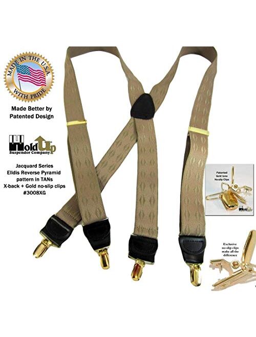 Holdup Brand Tan Jacquard weave Elddis diamond pattern X-back Suspenders with No-slip Gold-tone Clips.