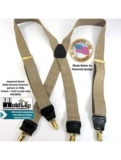 Holdup Brand Tan Jacquard weave Elddis diamond pattern X-back Suspenders with No-slip Gold-tone Clips.