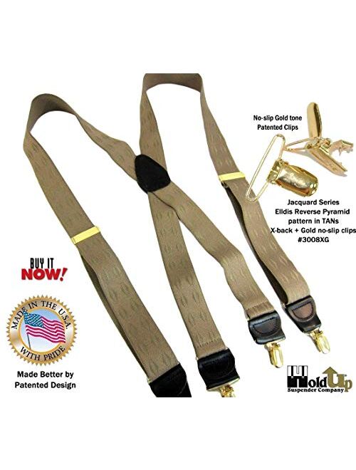 Holdup Brand Tan Jacquard weave Elddis diamond pattern X-back Suspenders with No-slip Gold-tone Clips.