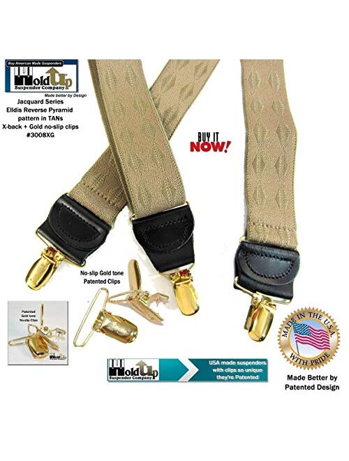 Holdup Brand Tan Jacquard weave Elddis diamond pattern X-back Suspenders with No-slip Gold-tone Clips.