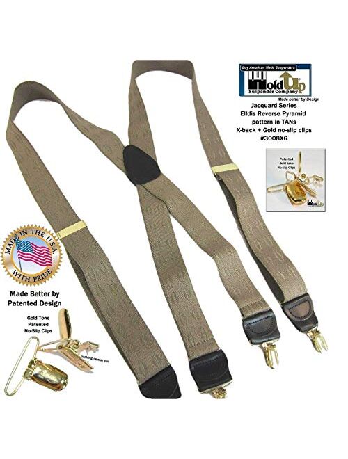 Holdup Brand Tan Jacquard weave Elddis diamond pattern X-back Suspenders with No-slip Gold-tone Clips.