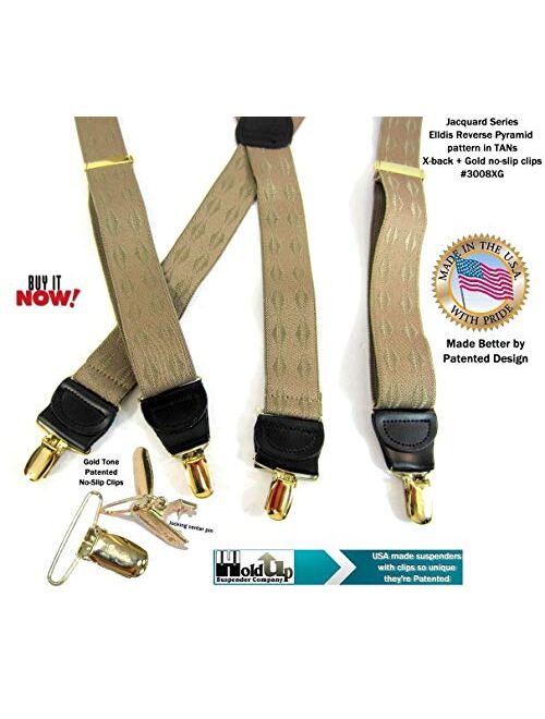 Holdup Brand Tan Jacquard weave Elddis diamond pattern X-back Suspenders with No-slip Gold-tone Clips.