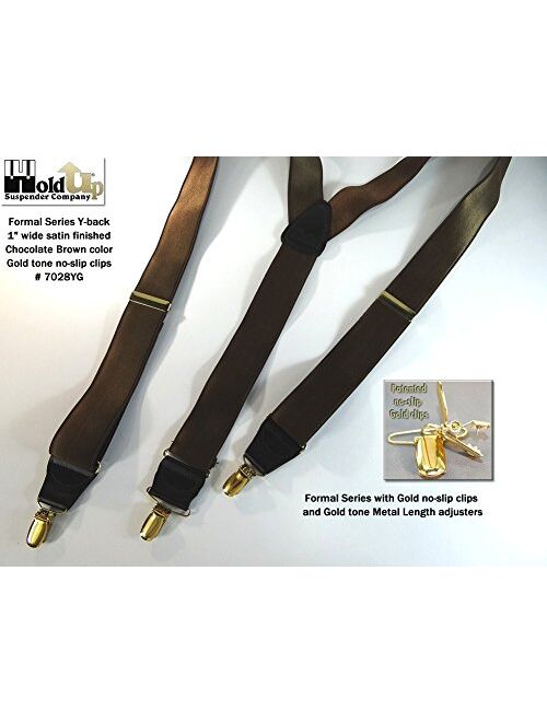 Hold-Ups Satin Finished 1" brown formal suspenders in Y-back with gold clasps