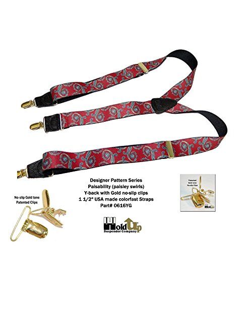 Holdup Red Paisley designer pattern Suspenders in Y-back and Patented No-slip Gold Clips