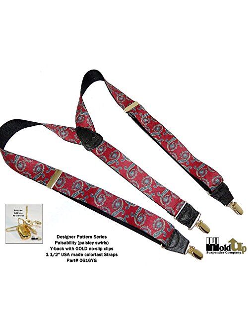 Holdup Red Paisley designer pattern Suspenders in Y-back and Patented No-slip Gold Clips