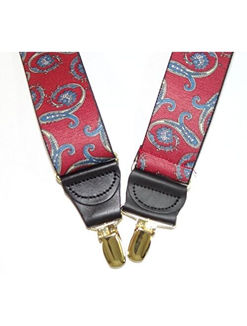 Holdup Red Paisley designer pattern Suspenders in Y-back and Patented No-slip Gold Clips