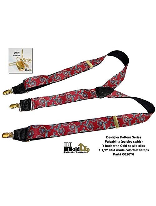 Holdup Red Paisley designer pattern Suspenders in Y-back and Patented No-slip Gold Clips