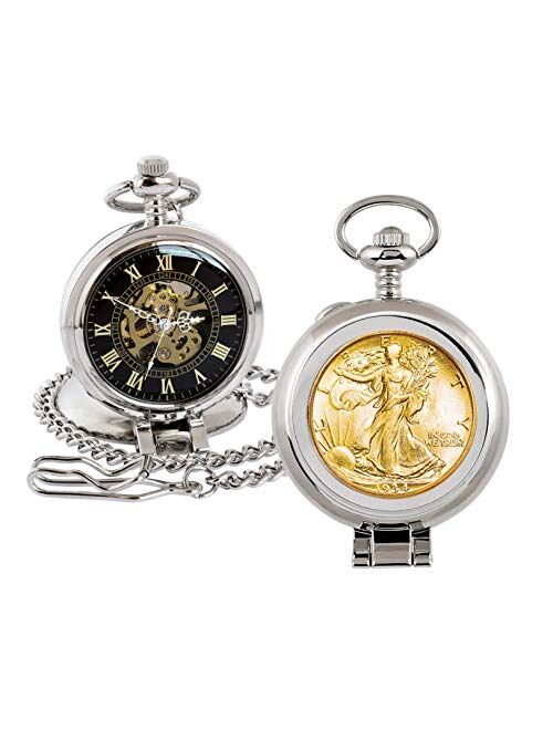 American Coin Treasures Coin Pocket Watch with Skeleton Quartz Movement | Gold Layered Silver Walking Liberty Half Dollar | Genuine U.S. Coin | Sweeping Second Hand, Roman Numerals | Certificate