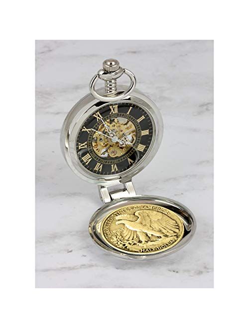 American Coin Treasures Coin Pocket Watch with Skeleton Quartz Movement | Gold Layered Silver Walking Liberty Half Dollar | Genuine U.S. Coin | Sweeping Second Hand, Roman Numerals | Certificate