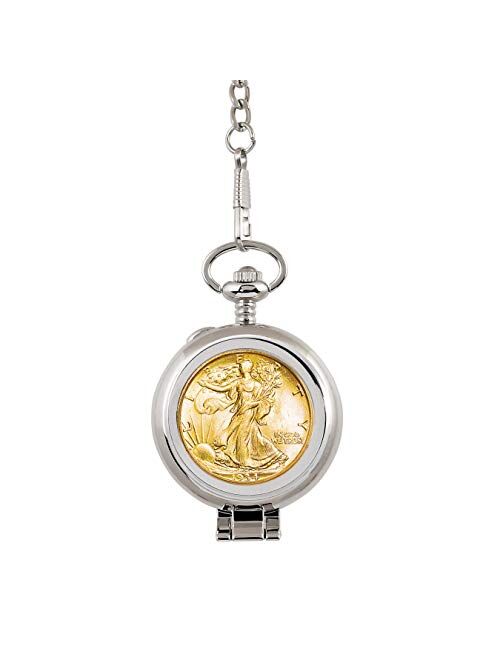 American Coin Treasures Coin Pocket Watch with Skeleton Quartz Movement | Gold Layered Silver Walking Liberty Half Dollar | Genuine U.S. Coin | Sweeping Second Hand, Roman Numerals | Certificate