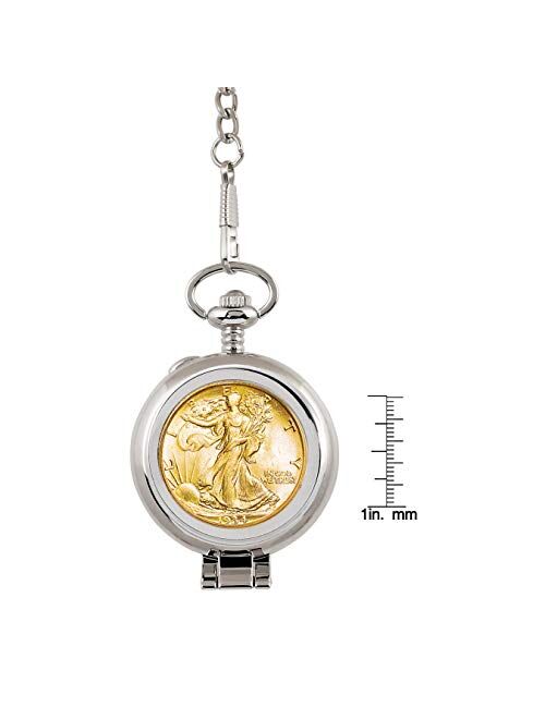 American Coin Treasures Coin Pocket Watch with Skeleton Quartz Movement | Gold Layered Silver Walking Liberty Half Dollar | Genuine U.S. Coin | Sweeping Second Hand, Roman Numerals | Certificate