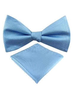 Mens Exquisite Woven 100% Silk Self Bowtie Solid Plain Bow Ties & Pocket Square Set