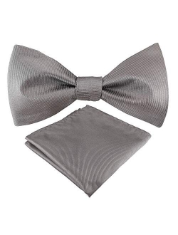 Mens Exquisite Woven 100% Silk Self Bowtie Solid Plain Bow Ties & Pocket Square Set