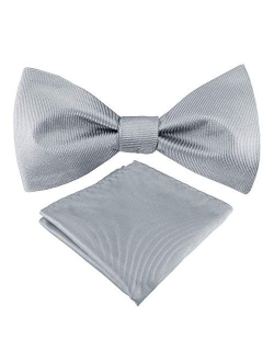 Mens Exquisite Woven 100% Silk Self Bowtie Solid Plain Bow Ties & Pocket Square Set