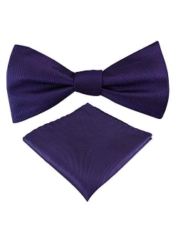 Mens Exquisite Woven 100% Silk Self Bowtie Solid Plain Bow Ties & Pocket Square Set