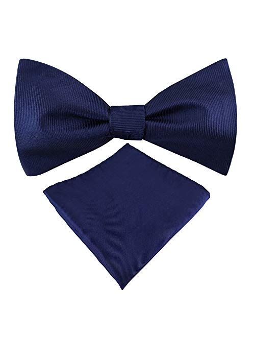 GUUNIEE Mens Exquisite Woven 100% Silk Self Bowtie Solid Plain Bow Ties & Pocket Square Set