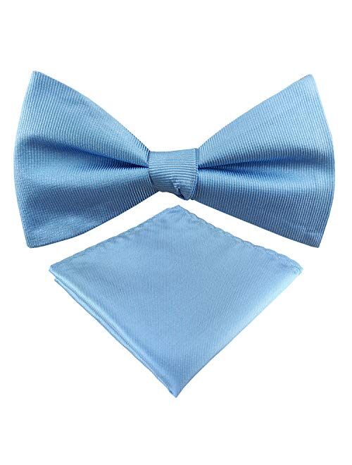 GUUNIEE Mens Exquisite Woven 100% Silk Self Bowtie Solid Plain Bow Ties & Pocket Square Set