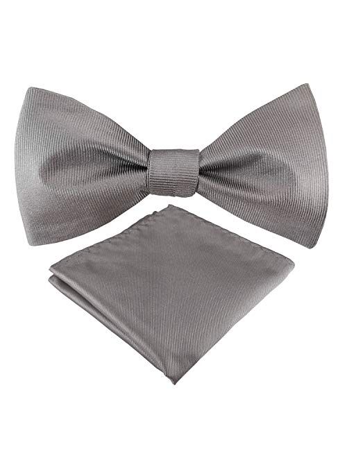 GUUNIEE Mens Exquisite Woven 100% Silk Self Bowtie Solid Plain Bow Ties & Pocket Square Set