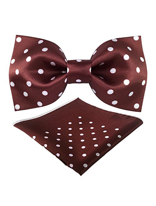 GUUNIEE 100% Satin Silk Hot Dot Solid Pre-Tied Mens Bow Tie & Pocket Square Set