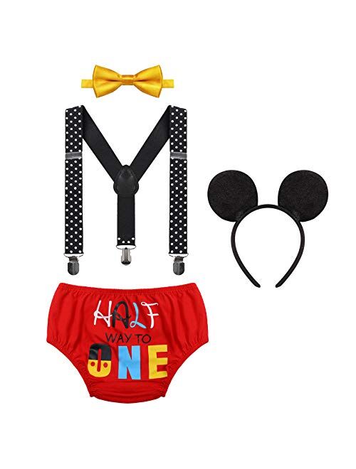 IBTOM CASTLE 1/2 / First Birthday Outfit for Baby Boy Cake Smash Mouse Wild One Party Clothes Set Nappy Cover Suspenders Bowtie Costume