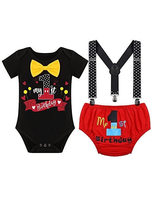 IBTOM CASTLE 1/2 / First Birthday Outfit for Baby Boy Cake Smash Mouse Wild One Party Clothes Set Nappy Cover Suspenders Bowtie Costume