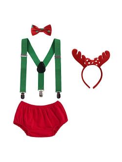 Cake Smash Outfits Baby Boy 1st Birthday Christmas Costume Bloomers Party Suspenders Bowtie Clothes Set 4pcs Elk Ears