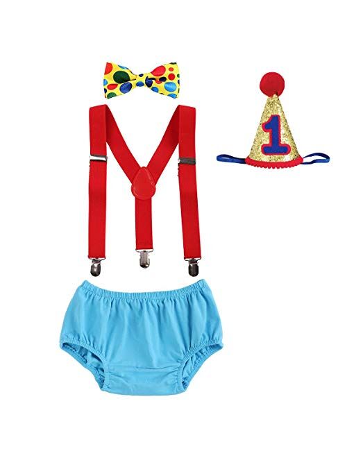 IBTOM CASTLE Baby Boys First Half Birthday Circus Cake Smash Clothes Diaper Bow Tie Suspender Clown Outfit Set W/Hat for Photography Party